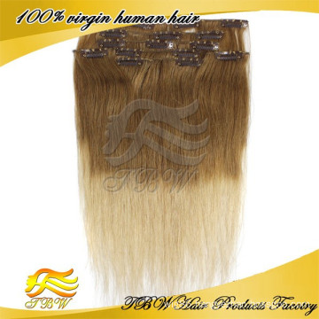 Best selling new arrival cheap 100 % unprocessed brazilian human hair clip in extensions straight ombre color